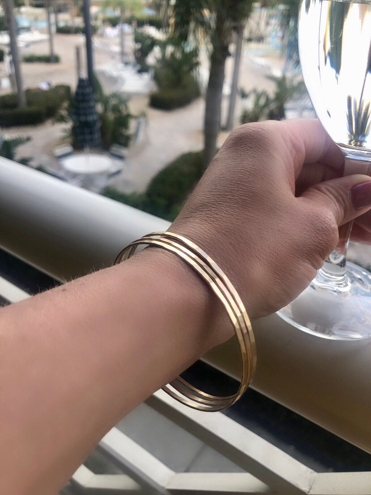 Gold Fill Skinny Hammered Bangle Bracelet