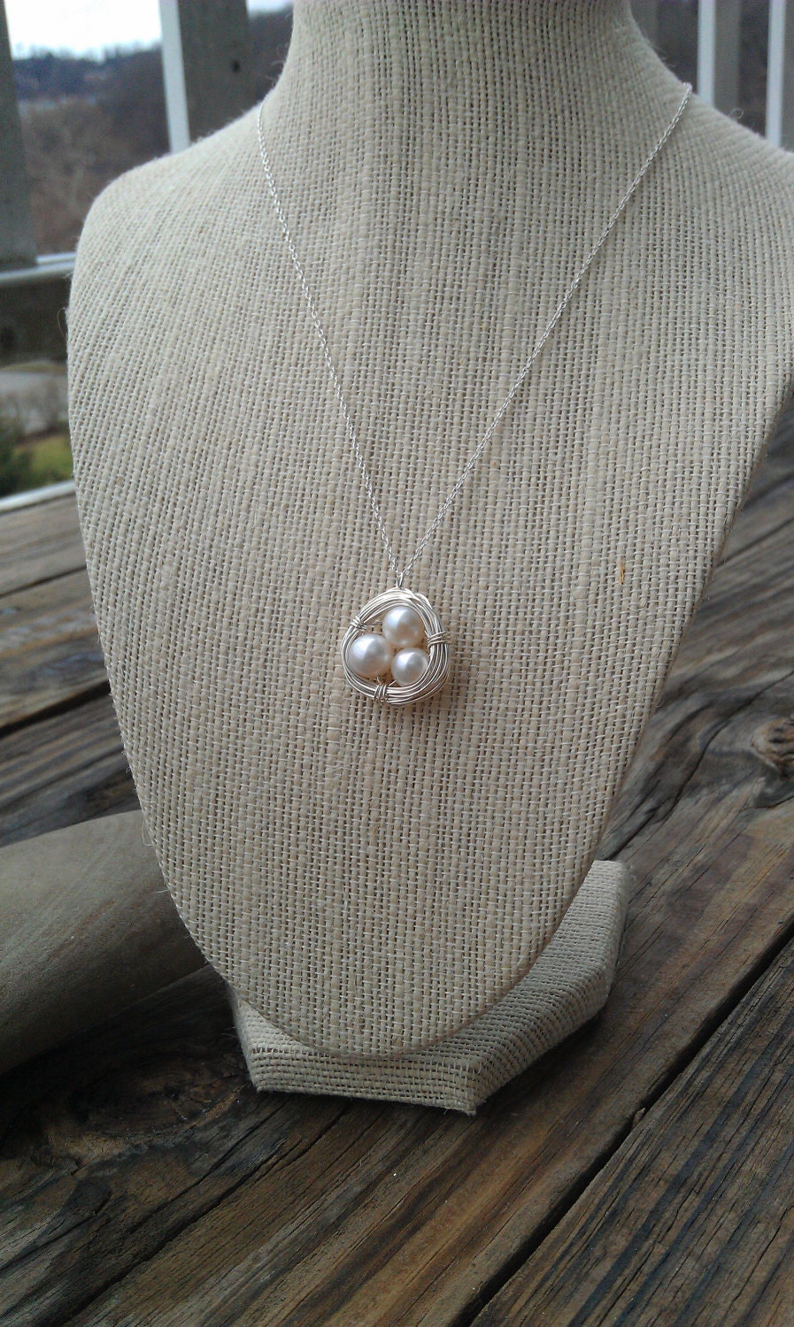 Sterling Silver Birds Nest Necklace with Freshwater Pearls