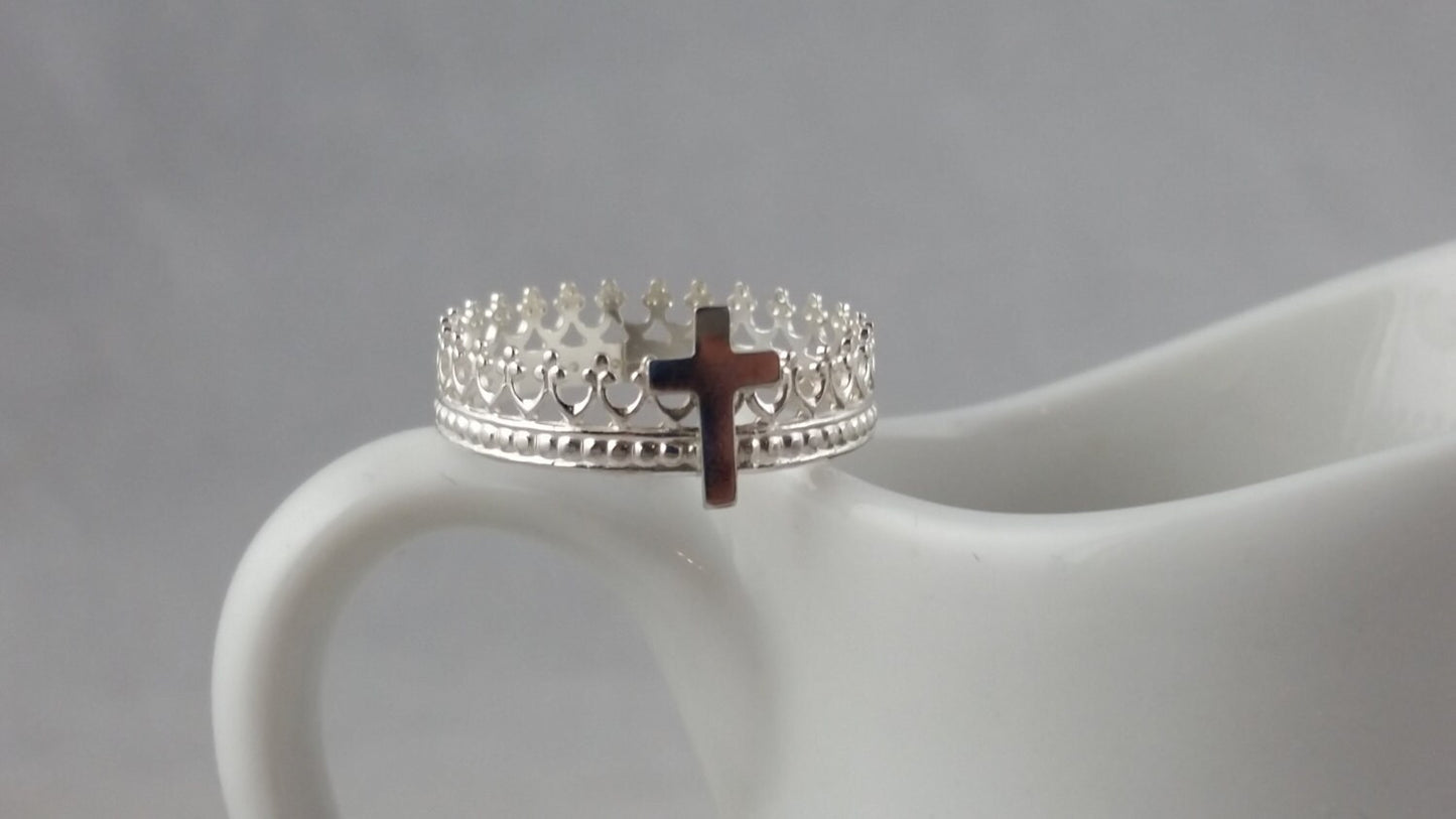 Sterling Silver Cross and Crown Ring